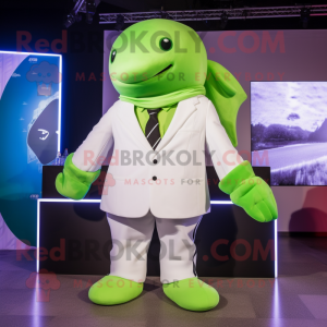 Lime Green Beluga Whale mascot costume character dressed with a Blazer and Berets