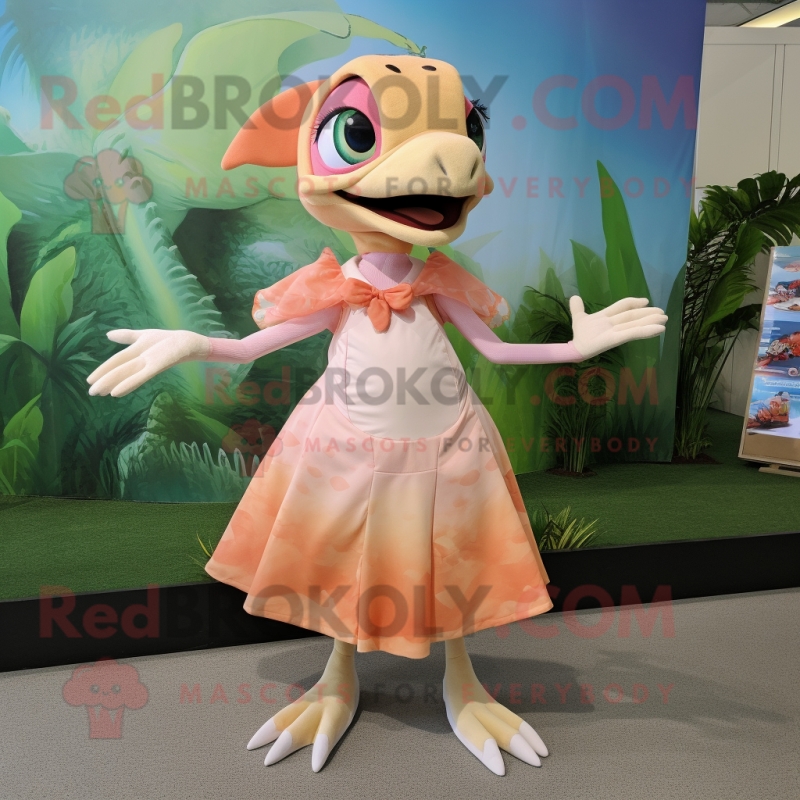 Peach Dimorphodon mascot costume character dressed with a Skirt and Foot pads