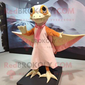 Peach Dimorphodon mascot costume character dressed with a Skirt and Foot pads