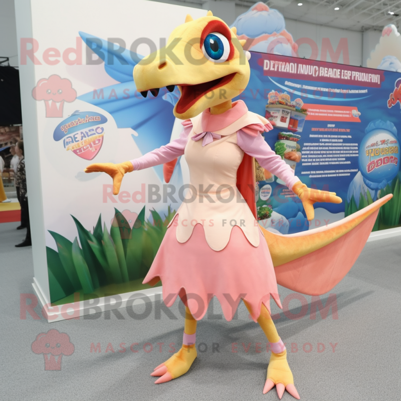 Peach Dimorphodon mascot costume character dressed with a Skirt and Foot pads