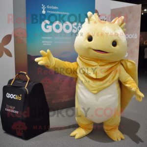 Gold Axolotls mascot costume character dressed with a Cover-up and Tote bags