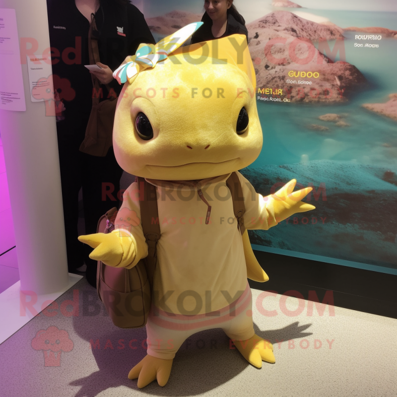 Gold Axolotls mascot costume character dressed with a Cover-up and Tote bags Gold Axolotls mascot costume character dressed with a Cover-up and Tote bags