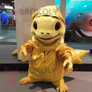 Gold Axolotls mascot costume character dressed with a Cover-up and Tote bags