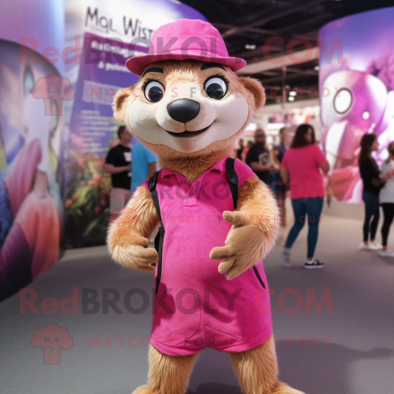 Pink Meerkat mascot costume character dressed with a Tank Top and Hats