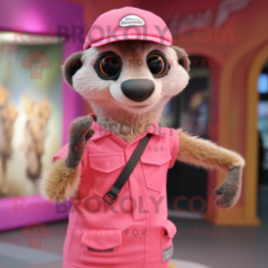 Pink Meerkat mascot costume character dressed with a Tank Top and Hats