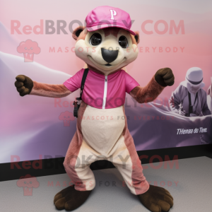 Pink Meerkat mascot costume character dressed with a Tank Top and Hats