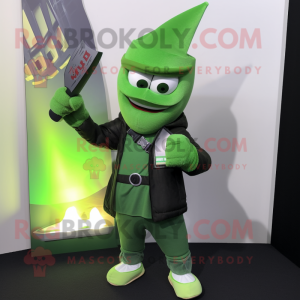 Green Knife Thrower mascot costume character dressed with a Jacket and Wallets