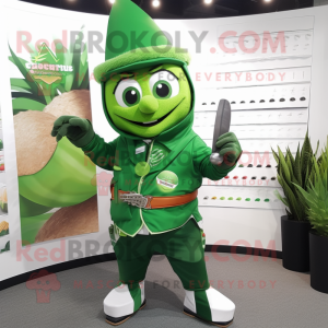 Green Knife Thrower mascot costume character dressed with a Jacket and Wallets