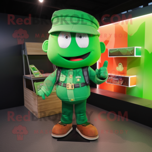 Green Knife Thrower mascot costume character dressed with a Jacket and Wallets