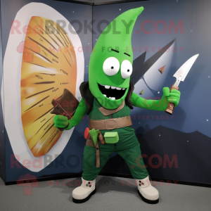 Green Knife Thrower mascot costume character dressed with a Jacket and Wallets