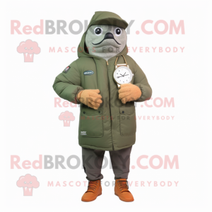 Olive Salmon mascot costume character dressed with a Parka and Digital watches