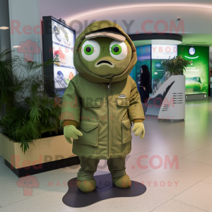 Olive Salmon mascot costume character dressed with a Parka and Digital watches