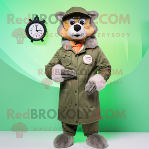Olive Salmon mascot costume character dressed with a Parka and Digital watches