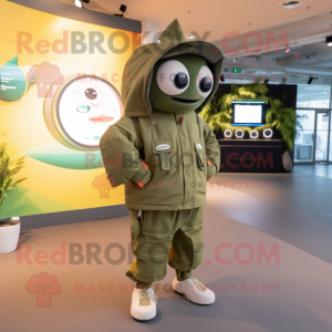 Olive Salmon mascot costume character dressed with a Parka and Digital watches