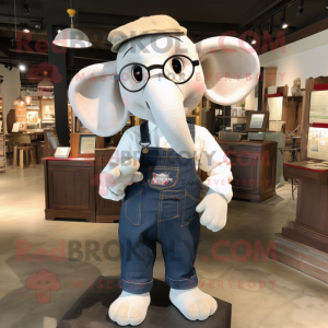 White Elephant mascot costume character dressed with a Overalls and Eyeglasses