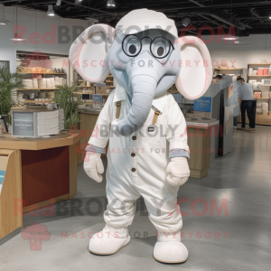 White Elephant mascot costume character dressed with a Overalls and Eyeglasses