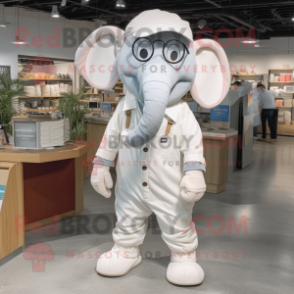 White Elephant mascot costume character dressed with a Overalls and Eyeglasses