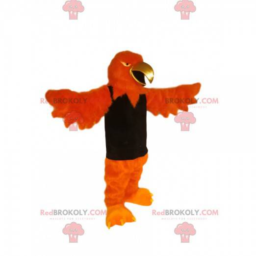 Orange eagle mascot with a golden beak and a black t-shirt -