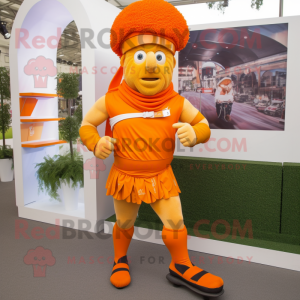 Orange Roman Soldier mascot costume character dressed with a Running Shorts and Bow ties