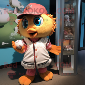 Peach Harpy mascot costume character dressed with a Baseball Tee and Mittens