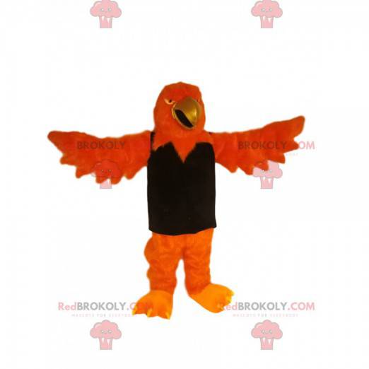 Orange eagle mascot with a golden beak and a black t-shirt -
