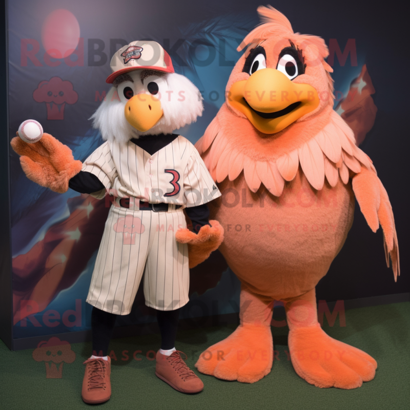 Peach Harpy mascot costume character dressed with a Baseball Tee and Mittens Peach Harpy mascot costume character dressed with a Baseball Tee and Mittens
