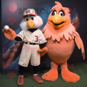 Peach Harpy mascot costume character dressed with a Baseball Tee and Mittens