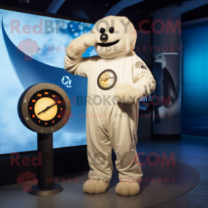 Cream Momentum mascot costume character dressed with a Jumpsuit and Watches