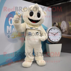 Cream Momentum mascot costume character dressed with a Jumpsuit and Watches