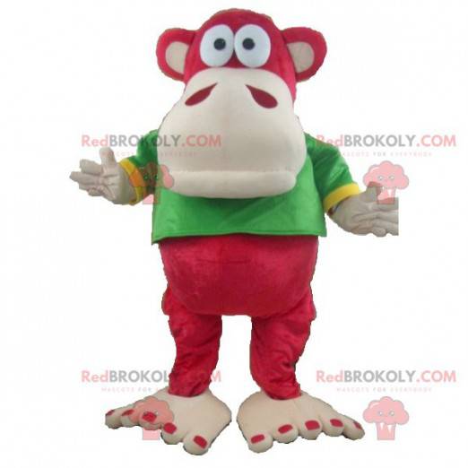 Red and beige monkey mascot with a green and yellow t-shirt -