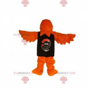 Orange eagle mascot with a golden beak and a black t-shirt -
