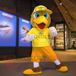 Yellow Eagle mascot costume character dressed with a Running Shorts and Caps