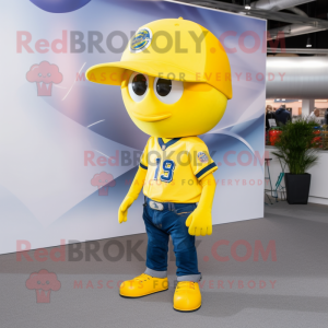 Lemon Yellow American Football Helmet mascot costume character dressed with a Bootcut Jeans and Caps