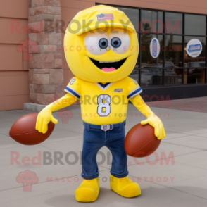 Lemon Yellow American Football Helmet mascot costume character dressed with a Bootcut Jeans and Caps