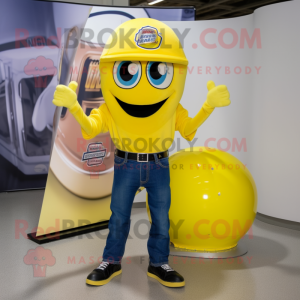 Lemon Yellow American Football Helmet mascot costume character dressed with a Bootcut Jeans and Caps