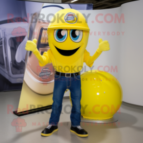 Lemon Yellow American Football Helmet mascot costume character dressed with a Bootcut Jeans and Caps