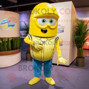 Lemon Yellow American Football Helmet mascot costume character dressed with a Bootcut Jeans and Caps