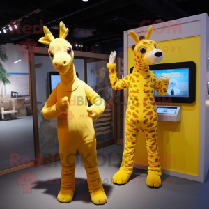 Yellow Giraffe mascot costume character dressed with a Jumpsuit and Watches