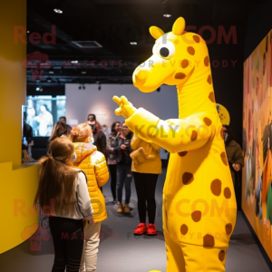 Yellow Giraffe mascot costume character dressed with a Jumpsuit and Watches