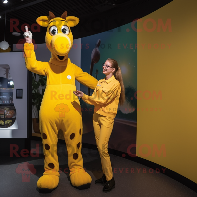 Yellow Giraffe mascot costume character dressed with a Jumpsuit and Watches Yellow Giraffe mascot costume character dressed with a Jumpsuit and Watches