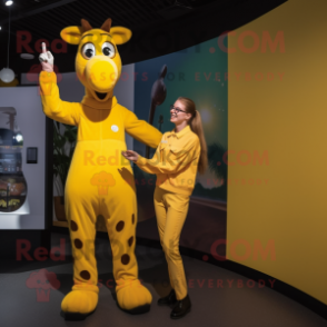 Yellow Giraffe mascot costume character dressed with a Jumpsuit and Watches