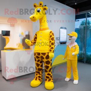 Yellow Giraffe mascot costume character dressed with a Jumpsuit and Watches