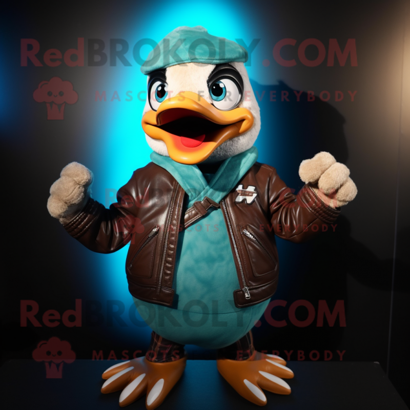 Teal Quail mascot costume character dressed with a Leather Jacket and Beanies