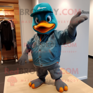 Teal Quail mascot costume character dressed with a Leather Jacket and Beanies