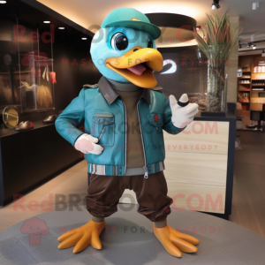 Teal Quail mascot costume character dressed with a Leather Jacket and Beanies