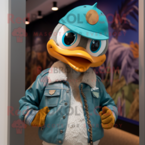 Teal Quail mascot costume character dressed with a Leather Jacket and Beanies