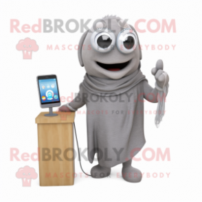 Gray Phone mascot costume character dressed with a V-Neck Tee and Shawls