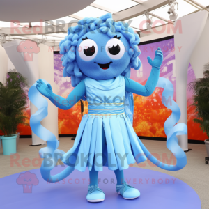 Sky Blue Medusa mascot costume character dressed with a Tank Top and Rings