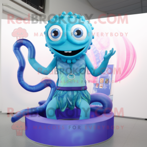 Sky Blue Medusa mascot costume character dressed with a Tank Top and Rings