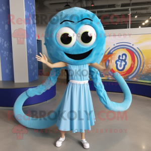 Sky Blue Medusa mascot costume character dressed with a Tank Top and Rings